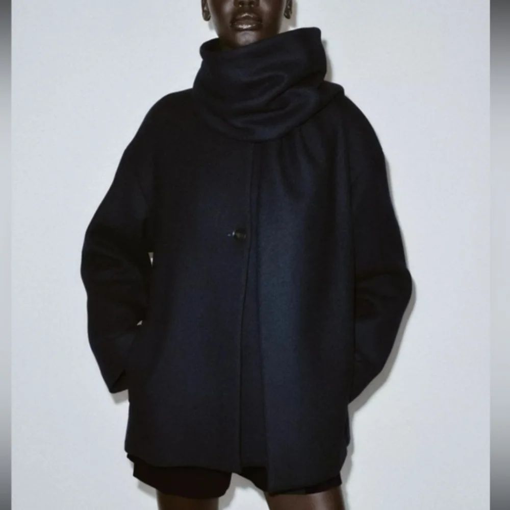 ZARA WOOL BLEND SHORT COAT WITH SCARF Navy Size XL